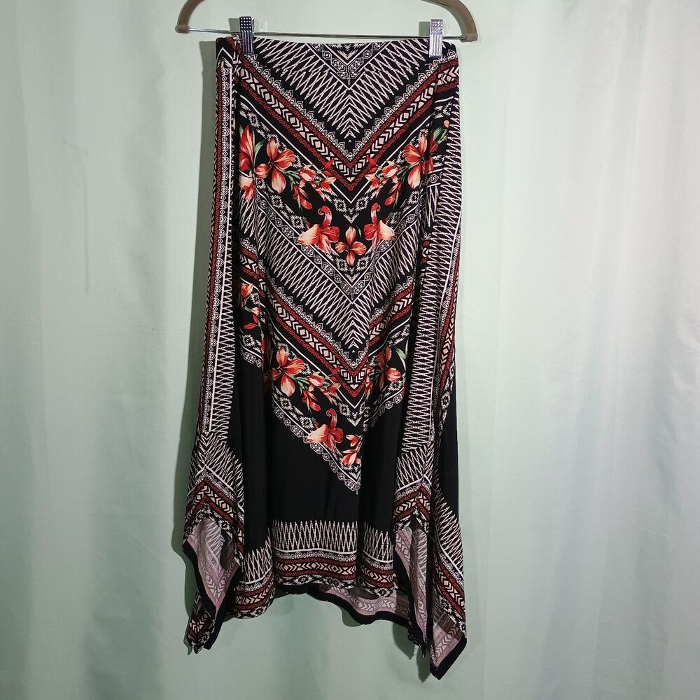 Women’s Boho Floral Handkerchief Hem Skirt – Black Red Patterned Midi Skirt
